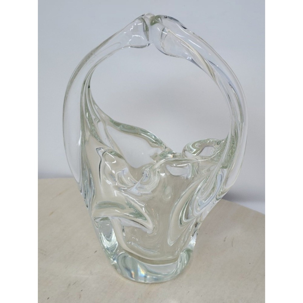 Vtg Murano Style Art Glass Basket 7" Clear MCM Hand Blown Split Handle Pinch